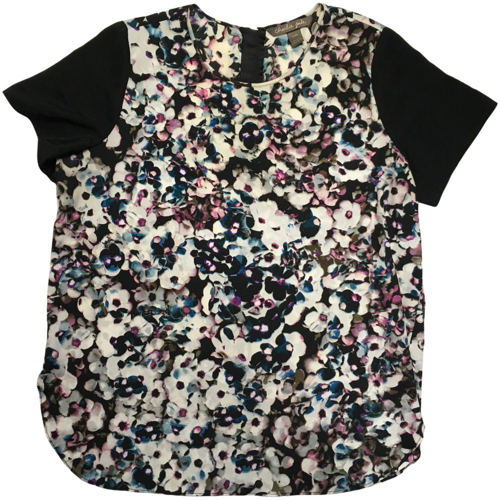 Charlie Jade Top Floral Print Contrast Short Sleeve Blouse Women's L Back Zip